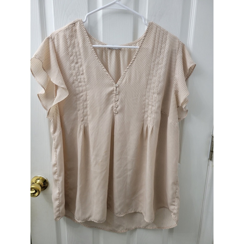 Carolina Belle Montreal Polka Dot V-Neck Blouse Peach Flutter Sleeve Top XL